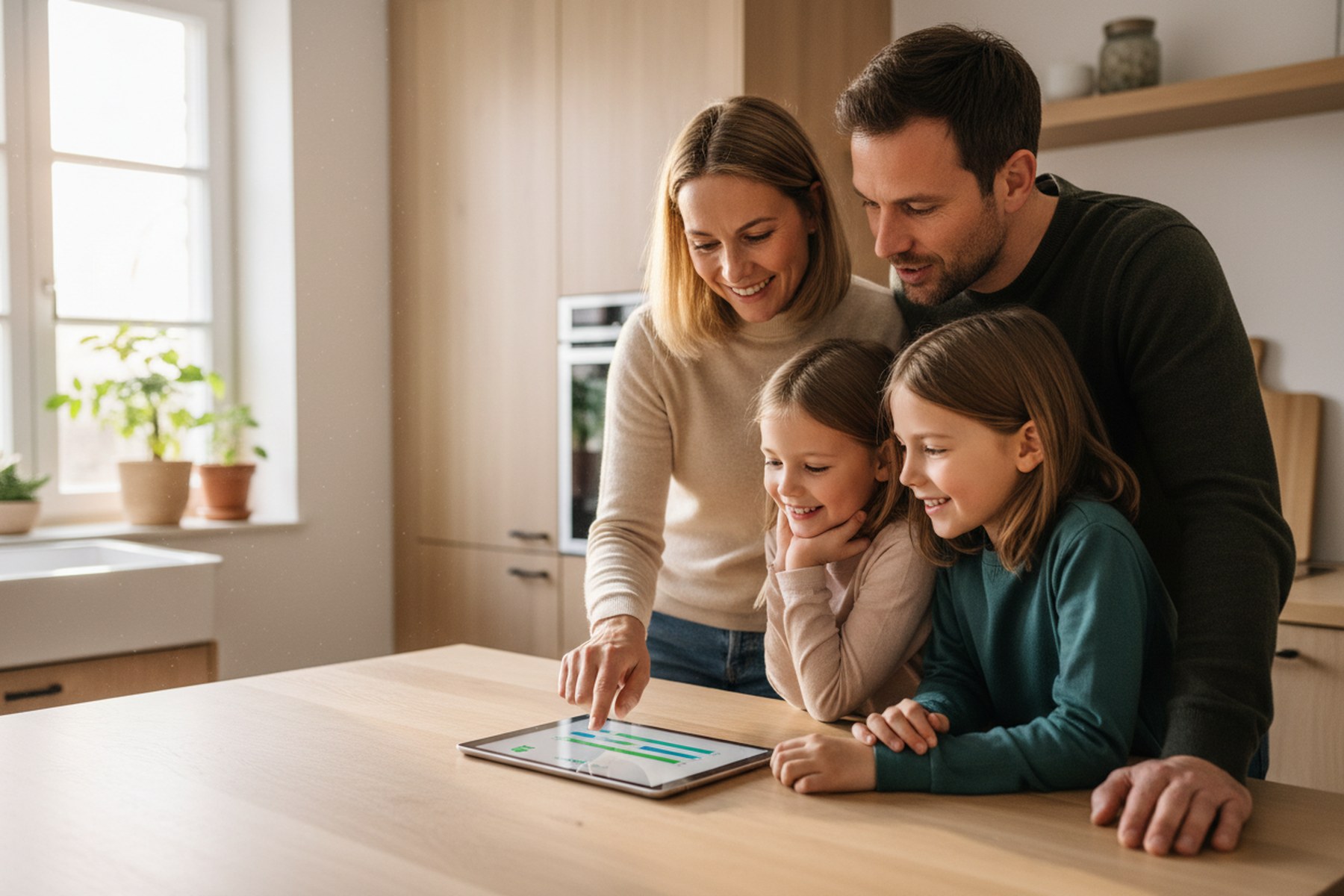 Familie betrachtet gemeinsam ihren Eigenverbrauch im EV.cockpit auf dem Tablet in der heimischen Küche