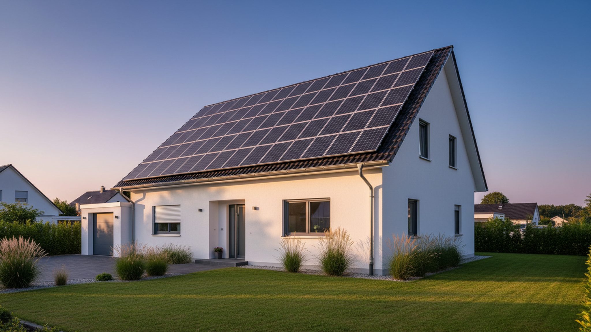 Eigenheim mit Photovoltaikanlage von Energieversum bei Sonnenuntergang